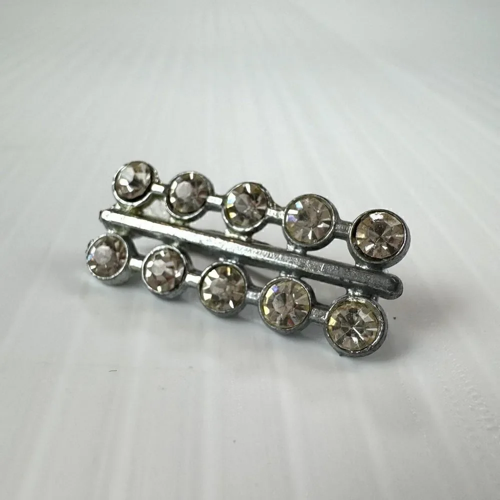 Vintage Small Brooch Bar Set Silver Tone Clear Rhinestones Double Row Costume